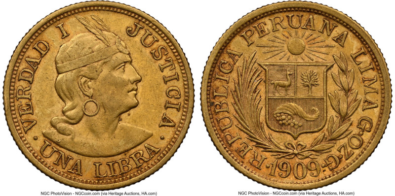 Republic gold Libra 1909-GOZG AU55 NGC, Lima mint, KM207. Accompanied by the ori...
