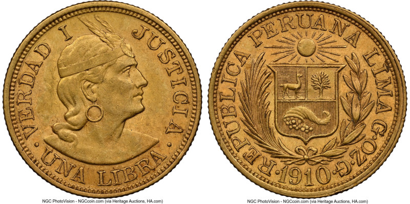 Republic gold Libra 1910-GOZG AU58 NGC, Lima mint, KM207. Accompanied by the ori...