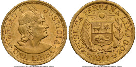 Republic gold Libra 1911-GOZG AU58 NGC, Lima mint, KM207. Accompanied by the original collector envelope. HID09801242017 © 2024 Heritage Auctions | Al...