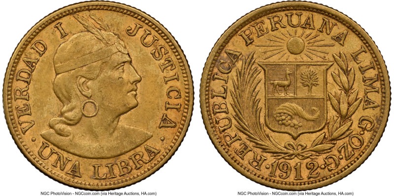 Republic gold Libra 1912-GOZG AU55 NGC, Lima mint, KM207. Accompanied by the ori...