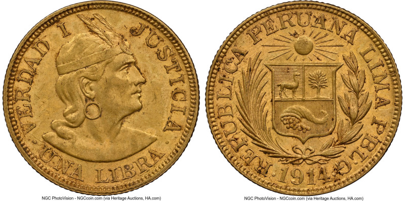 Republic gold Libra 1914-PBLG AU58 NGC, Lima mint, KM207. Accompanied by the ori...
