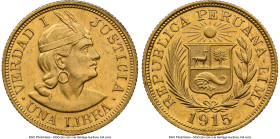 Republic gold Libra 1915 MS63 NGC, Lima mint, KM207. A more elusive date, especially at the Choice preservation and finer. Accompanied by the original...