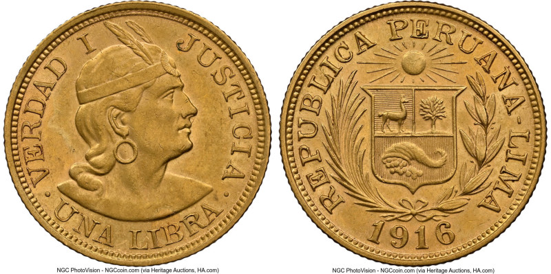 Republic gold Libra 1916 AU58 NGC, Lima mint, KM207. Accompanied by the original...
