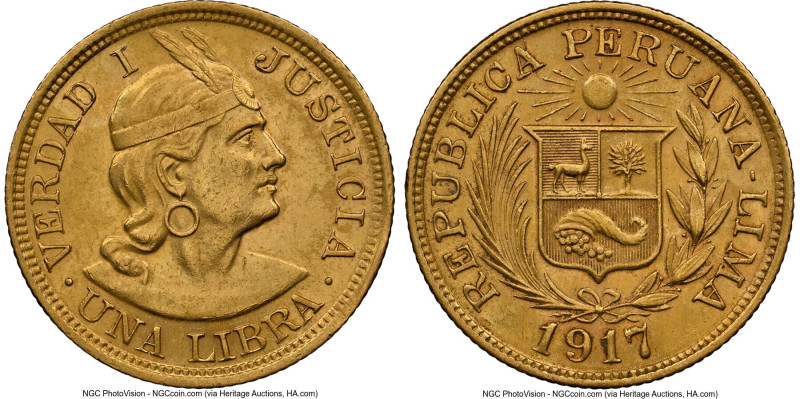 Republic gold Libra 1917 AU58 NGC, Lima mint, KM207. Accompanied by the original...