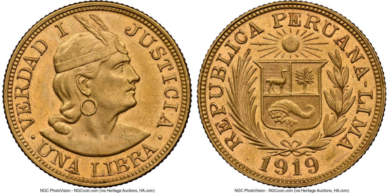 Republic gold Libra 1919 MS61 NGC, Lima mint, KM207. Accompanied by the original...