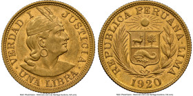 Republic gold Libra 1920 AU58 NGC, Lima mint, KM207. Accompanied by the original collector envelope. HID09801242017 © 2024 Heritage Auctions | All Rig...