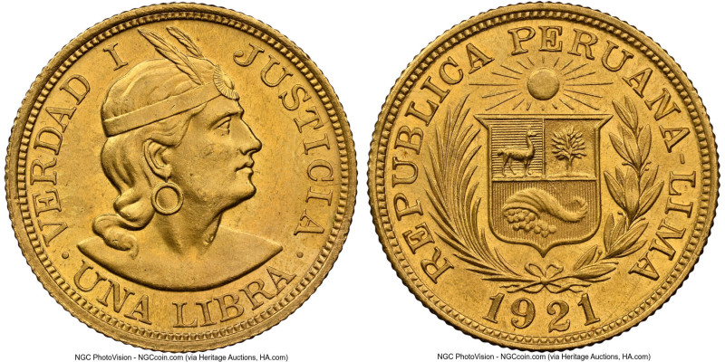 Republic gold Libra 1921 MS63 NGC, Lima mint, KM207. Accompanied by the original...