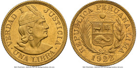 Republic gold Libra 1922 MS63 NGC, Lima mint, KM207. A low-mintage date from this era of Libra production, where figures are in the hundreds of thousa...