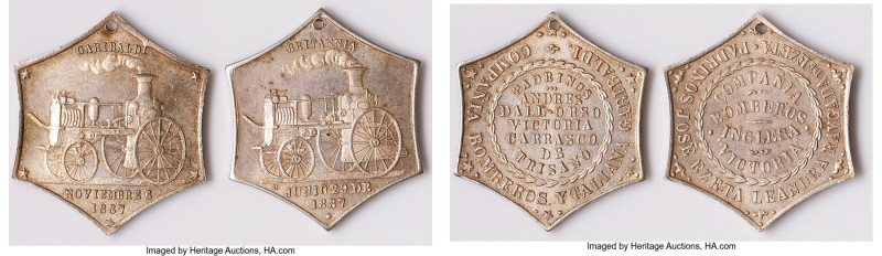 Pair of Uncertified silver "Fire Brigade" Medals 1887 UNC (Holed), 1) "Compania ...