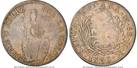 Spanish Colony. Isabel II Counterstamped 8 Reales ND (1834-1837) VF30 NGC, KM138.2. Host: Peru Republic 8 Reales 1835 LM-MM; Counterstamp: Crowned "Y....