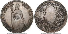Spanish Colony. Isabel II Counterstamped 8 Reales ND (1834-1837) VF30 NGC, KM138.2. Host: Peru Republic 8 Reales 1835 LM-MM; Counterstsamp: Crowned "Y...