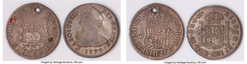 Charles III Pair of Uncertified Assorted 2 Reales, 1) Bolivia. 2 Reales 1768 PTS...
