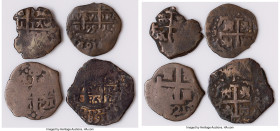 4-Piece Lot of Uncertified Assorted Cob Reals, 1) Peru: Charles II Real 1686 L-R, 2.86gm. 2) Peru: Charles II Real 1695 L-R, 1.70gm. 3) Peru: Philip V...
