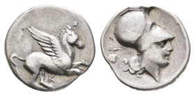 KORINTH, Korkyra, Stater (8,01g), 338-250 v. Chr. Av: Pegasos nach rechts. Rev: Athenakopf mit korinthischem Helm nach rechts, links davon Weinblatt. ...