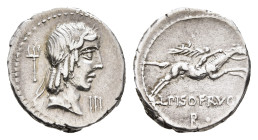 MÜNZEN RÖMISCHE REPUBLIK, C. Calpurnius Piso Frugi, Denar (3,75g), 64 v. Chr., Rom. Av.: Belorbeerter Kopf des Apollon nach rechts, links Dreizack, re...