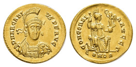 MÜNZEN RÖMISCHE KAISERZEIT, Arcadius, 383-408, Solidus (4,44g), Konstantinopel. Av: Büste mit Schild und Speer in Dreiviertelansicht, darum Umschrift....
