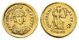 MÜNZEN RÖMISCHE KAISERZEIT, Honorius, 393-423, Solidus (4,33g), Konstantinopel. Av: Büste mit Schild und Speer in Dreiviertelansicht, darum Umschrift....