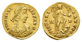 MÜNZEN RÖMISCHE KAISERZEIT, Honorius, 393-424, Solidus (4,30g), Mediolanum. Av: Büste nach rechts, darum Umschrift. Rev: Kaiser mit Viktoria und Labar...