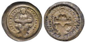 Halberstadt, Bistum, Brakteat (0,95g), 1160-1170, Gero von Schermbke. Av.: Hl. Stephan mit Manipel auf tierkopfverziertem Stuhl. Berger 1308, für Gero...