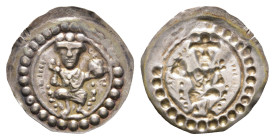 Ulm, königliche Münzstätte, Brakteat (0,41g), 1190-1197, Heinrich VI. Thronender Kaiser mit Reichsapfel und Kreuzstab. Berger 2593, Cahn 218, Slg. Bon...