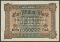 1 Mio. Mark 20.2.1923 (2x), zwei Firmendrucke mit FZ rot YZ davor G. Ro. 85b, Grab. DEU-96, Einrisse, Erh. IV/VG.