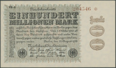 Weimarer Republik, 3x 100 Mill. Mark 22.8.1923, WZ Ringe, KN 6-stellig mit Stern dahinter FZ VB (Ro. 106q, I); KN 8-stellig rot FZ CD (Ro. 106 r, III)...