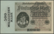 500 Mrd. Mark 15.3.1923 (2x), Überdruck auf 5000 Mark Schein in Reichsdruck Ser. C (III) und Firmendruck FZ G (I-), Ro. 121 a und b.