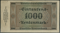 1000 Rentenmark 1.11.1923. Serie A 0344999, äußerst selten. Ros. 161, Grab. DEU-206, P-168, III/VF.