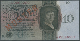 10 Reichsmark 11.10.1924, Druckprobe mit rotem Aufdruck MUSTER auf Av. und Rev., Udr. Bst. U, Ser. A, KN 7-stellig 0000000, Ro. 168 M, Grab. DEU-173, ...