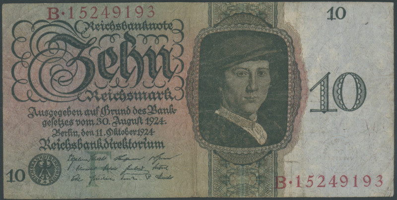 10 Reichsmark 11.10.1924, KN 8-stellig, Udr. F/ Ser. B15249193. Ro. 168b, selten...