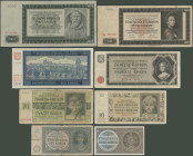 Böhmen und Mähren, Staatsnoten und Nationalbank, Lot 8 Stk.: 1 und 5 Kronen o.D. (1940-45); 100 Kronen 20.8.1940; 50 Kronen 12.9.1940; 10 Kronen 8.7.1...