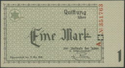 Ausgaben jüdischer Ghettos, Litzmannstadt (Polen), 1 Mark 15.5.1940, Ser. A/KN 6-stellig rot 351763, Sign. M. C. Rumkowski, WPM PO 561b, Grab. GET-2. ...