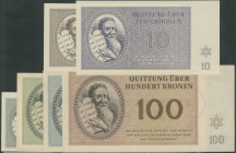 Ausgaben jüdischer Ghettos, Theresienstadt (Tschechoslowakei), vollständige Serie Quittungen 1, 2, 5, 10, 20, 50 und 100 Kronen 1.1.1943 Grab. GET-2. ...
