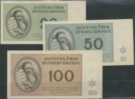 Ausgaben jüdischer Ghettos, Theresienstadt (Tschechoslowakei), vollständige Serie, Qiuittungen über 1, 2, 5, 10, 20, 50 und 100 Kronen 1.1.1943. Grab....