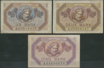Saar, Set von 3 Stk.: 1, 2 und 5 Mark 1947, Ro. 867-869, gebraucht III/VF