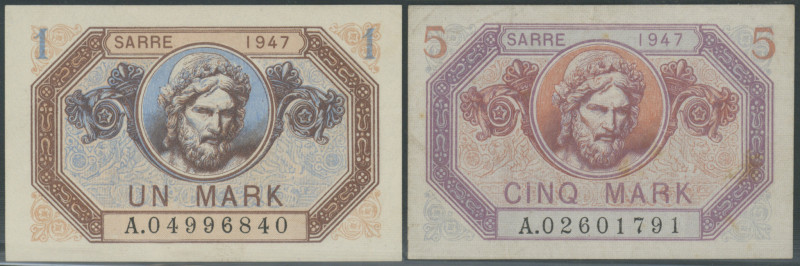 Saar, 1920-1948, 1 Mark 1947 (I-) und 5 Mark 1947 (III). Ro. 867 & 869, Pick 3 &...