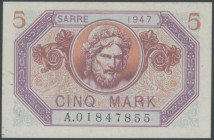 Saar, 5 Mark 1947. Ro. 869 Selten, leichte Stauchung am Rand, kl. Eselsohr, Papier etw. fleckig, Erh.I-/unc, selten.