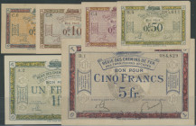 Besetztes Rheinland, Set von 0,05-0,50 Francs, 1 und 5 Francs o.D. (1923-30), 6 Stk. I und II, 1 Francs mit Stichlöchern, Ro. 855a-860a.