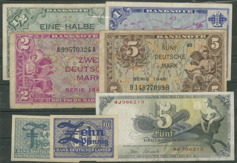 BDL, Set 6 Stk.: 1/2, 1, 2 und 5 Deutsche Mark Serie 1948 und 50 und 10 Pf. o.D....
