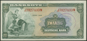 BDL, Lot 3 Stk.: 1/2 Deutsche Mark 1948 (Ro. 230, II) und 1/2 Deutsche Mark 1948 mit B-Stempel (Ro. 231a, III); 20 Deutsche Mark 1948 Ser. rot J/N mit...
