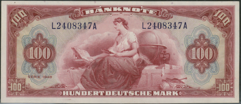 100 Deutsche Mark, Banknote, 1948, Roter Hunderter, L/A, selten in der Erhaltung...