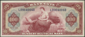 100 Deutsche Mark 1948, Roter Hunderter, L/B, Grab. WBZ-8, Ros. 244, P8a, Erh. II, Eselsohr und nur zweimal senkrecht gefaltet.