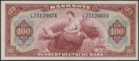 100 Deutsche Mark 1948, Roter Hunderter, L/A. Ros. 244. Grab. WBZ-8. Pick 8a. III+, selten.