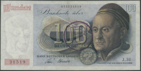 100 Deutsche Mark 9.12.1948, Franzosenschein, mit B-Kennzeichnung für Westberlin, 2-stellige Blockziffer, leicht fleckig, Ro. 254, Grab. WBZ-24, Erh I...
