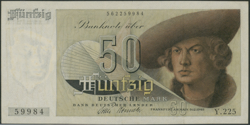50 Deutsche Mark, 9.12.1948, 3-stellige Blockziffer "Y225", Ser. Nr. 59984., Ro....