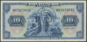 10 Deutsche Mark 22.8.1949, mit B-Stempel. Ro. 259a, P-16b, Erh. I-/aunc.