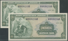 20 Deutsche Mark 22.8.1949 (2x) Kenn-Bst. Q/B, fortlaufende Ser. Nummern, seltene Auflage. Ro. 260, P-17. I-