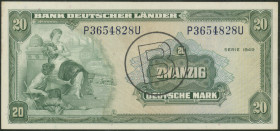 20 Deutsche Mark 22.8.1949, mit B-Stempel. Kenn. Bst. P/U, Ro. 259a, P-17b, Papier am Rand fleckig, Erh. II/XF