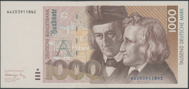 1000 Deutsche Mark 1.8.1991. Serie AA/N, Ro. 302a, P-44a, leichte Stauchung am R...