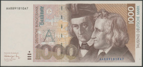 1000 Mark 1.8.1991, Bundesbanknote. Ser. AA8891810A7. Ro. 302a, leichte Stauchung am unteren Rand, sonst Erh. I-/aunc.